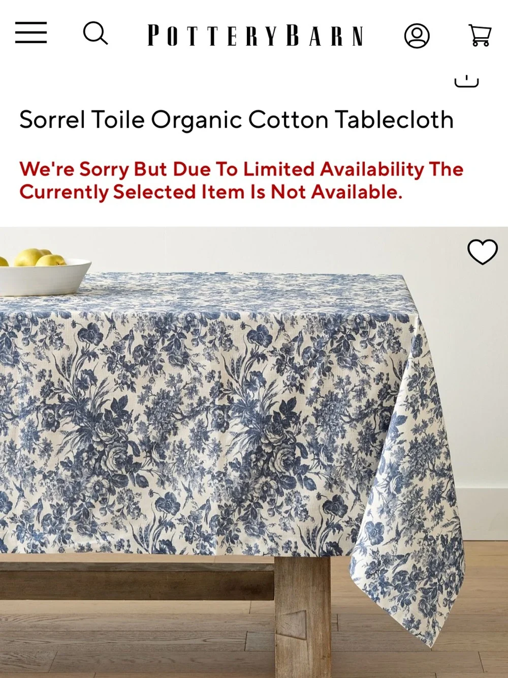 Pottery Barn Sorrel Toile Organic Cotton Table Cloth